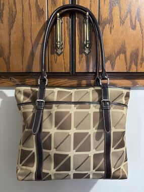 Vintage Brown Fabric Double Handles Shoulder Tote Purse Checker Print Buckles